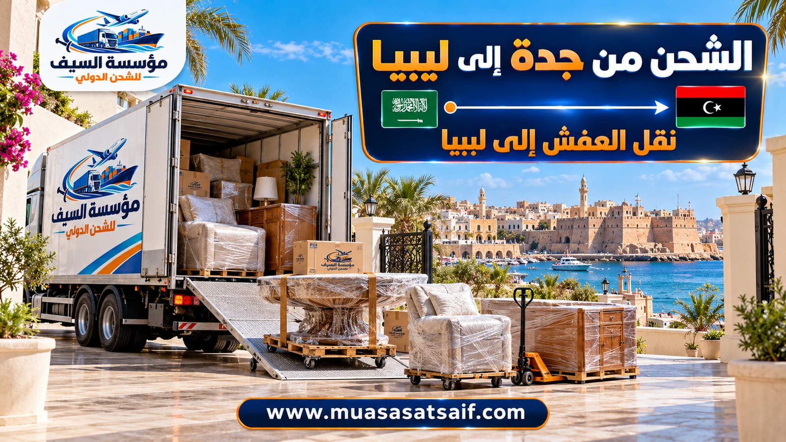 تحميل أثاث بيت في جدة داخل حاوية متجهة إلى ليبيا — مؤسسة السيف
