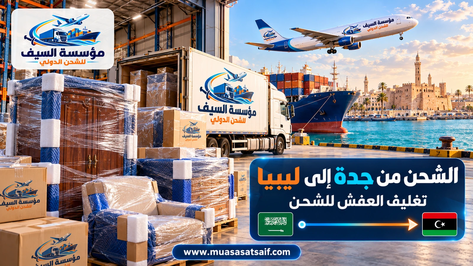 تغليف أثاث بيت في جدة قبل شحنه إلى ليبيا — مؤسسة السيف