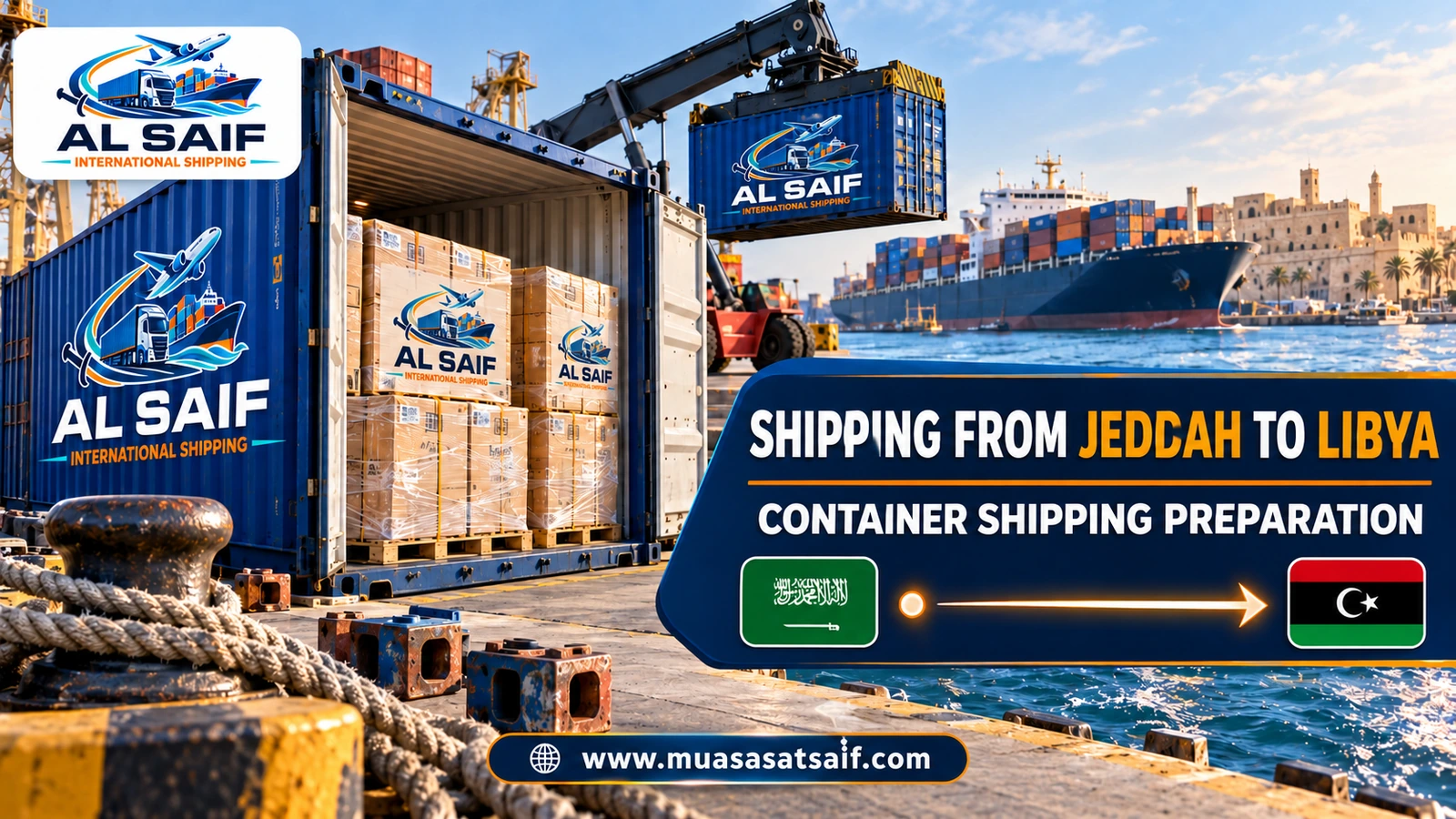 Handling a container from Jeddah at Benghazi port in Libya — Al Saif