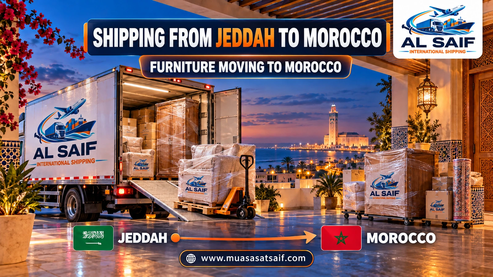 Loading furniture from a Jeddah home into a container bound for Morocco — Al Saif