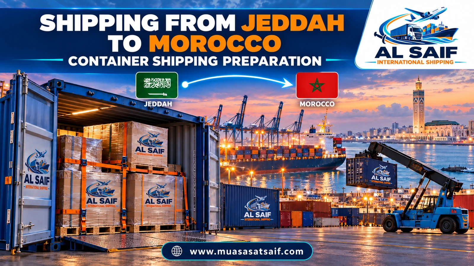 A truck carrying a furniture container from a Jeddah district to Jeddah Islamic Port for shipping to Morocco — Al Saif