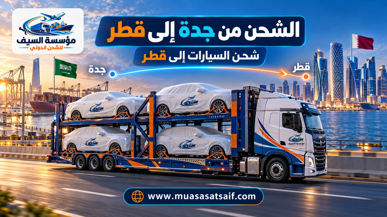 شحن السيارات من جدة إلى قطر على ناقلة احترافية — مؤسسة السيف