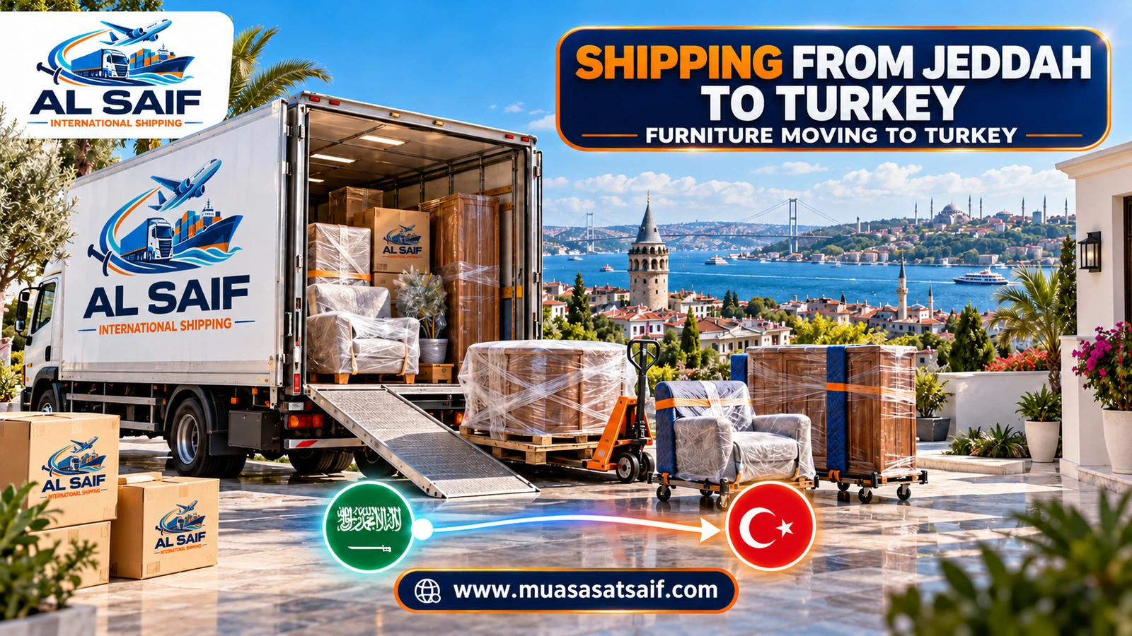 Loading furniture from a Jeddah home into a container bound for Turkey — Al Saif