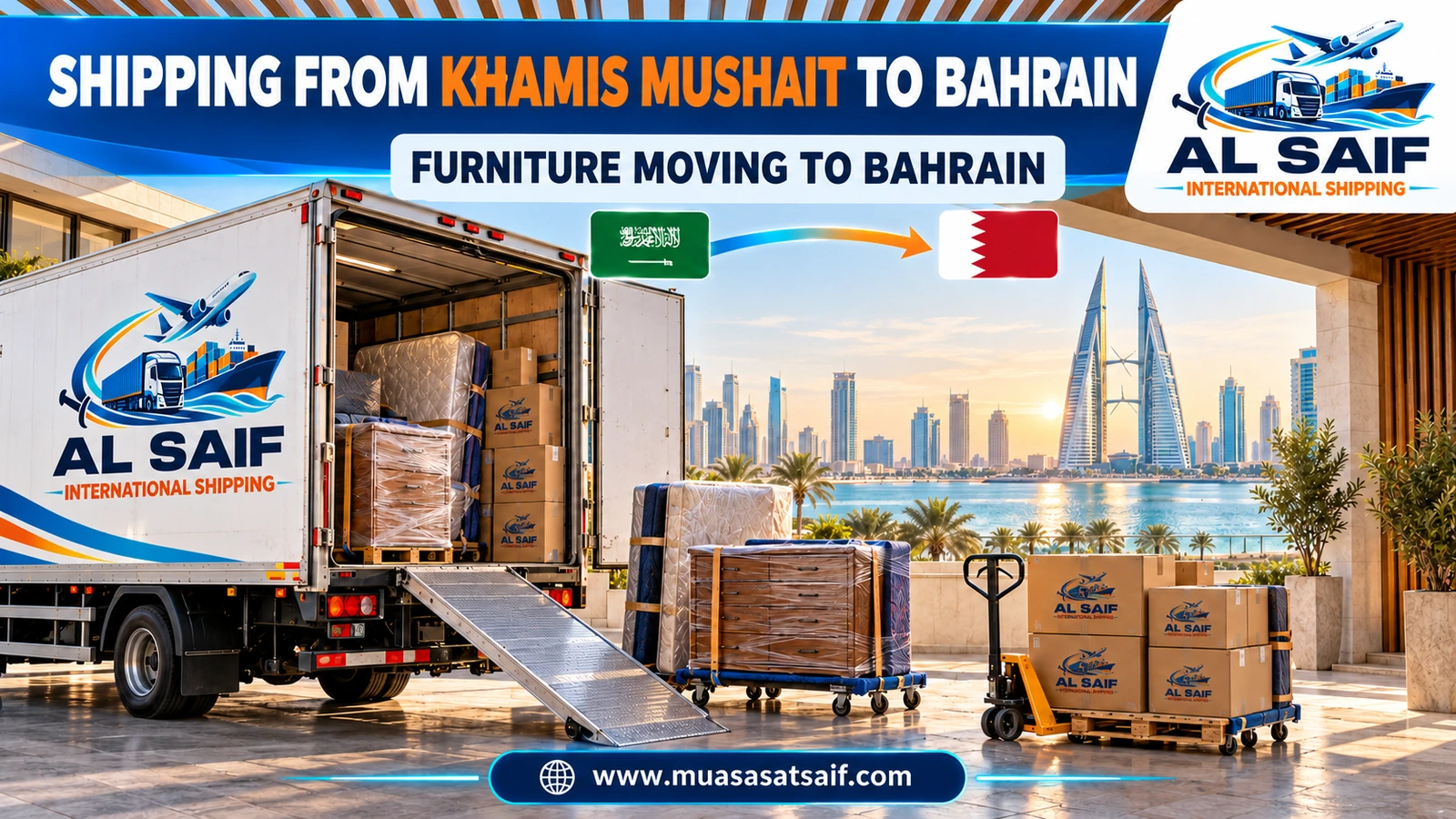 Loading furniture in Khamis Mushait onto a truck bound for Bahrain — Al Saif
