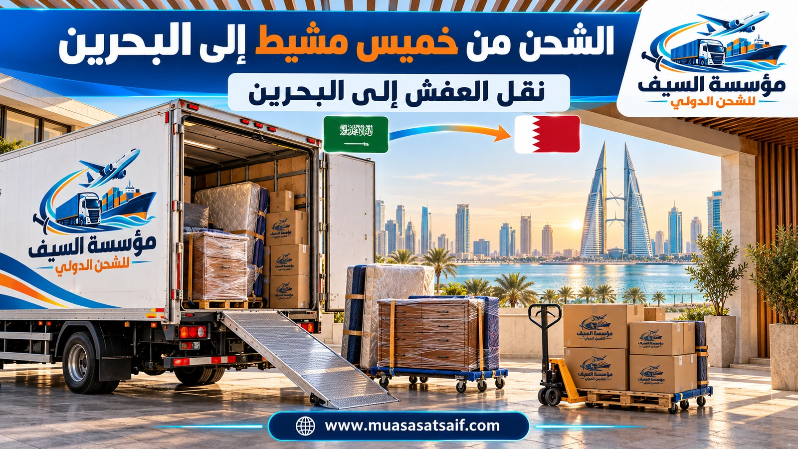 تحميل أثاث من خميس مشيط على شاحنة متجهة إلى البحرين — مؤسسة السيف
