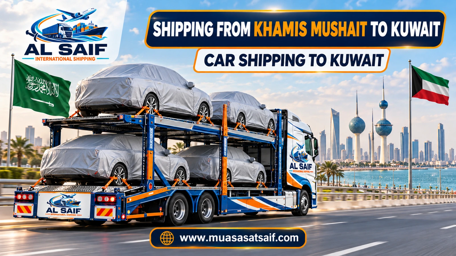 A covered car in a professional loading yard before shipping from Khamis Mushait to Kuwait — Al Saif