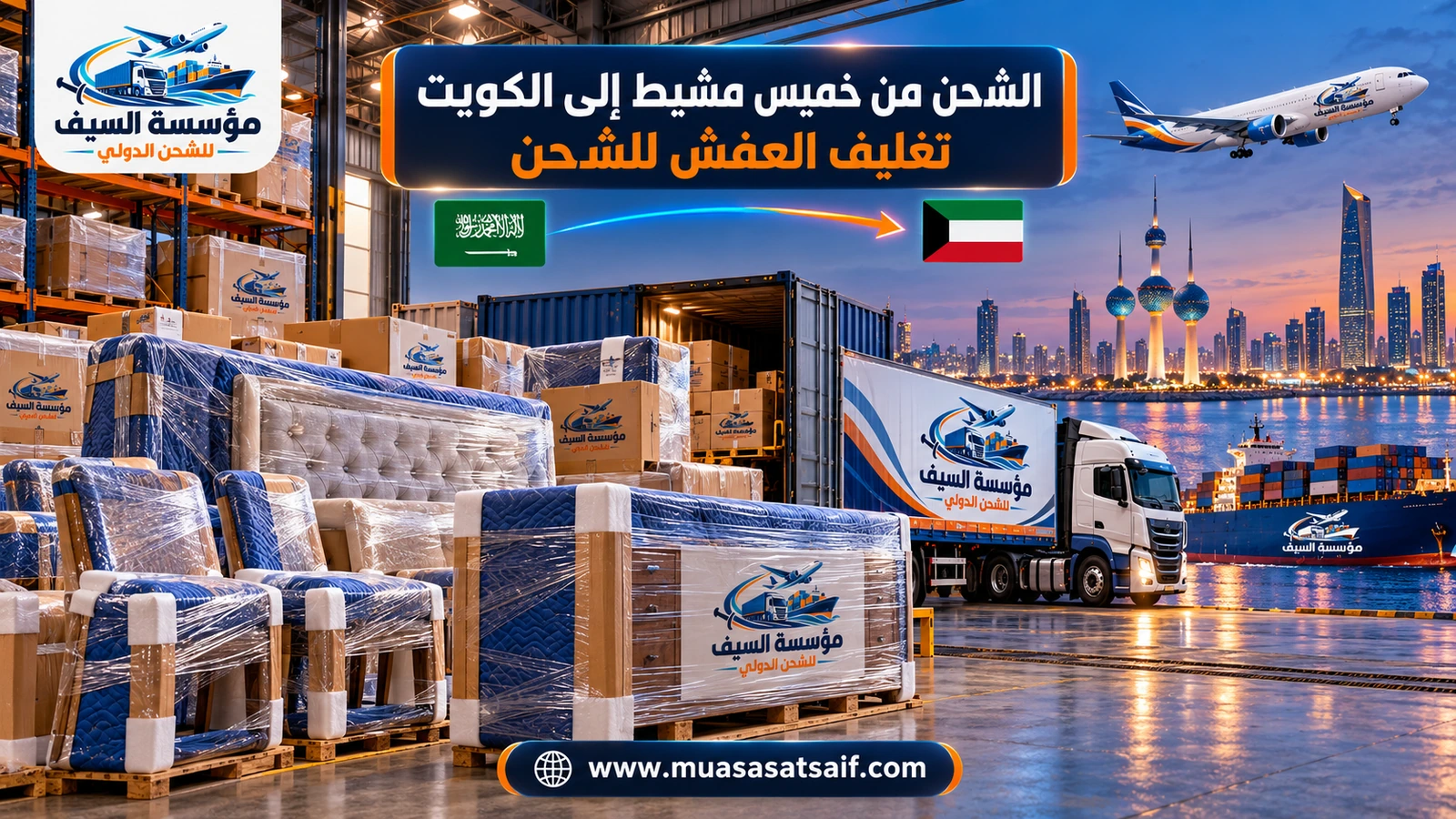 تغليف أثاث منزل في خميس مشيط قبل نقله إلى الكويت — مؤسسة السيف