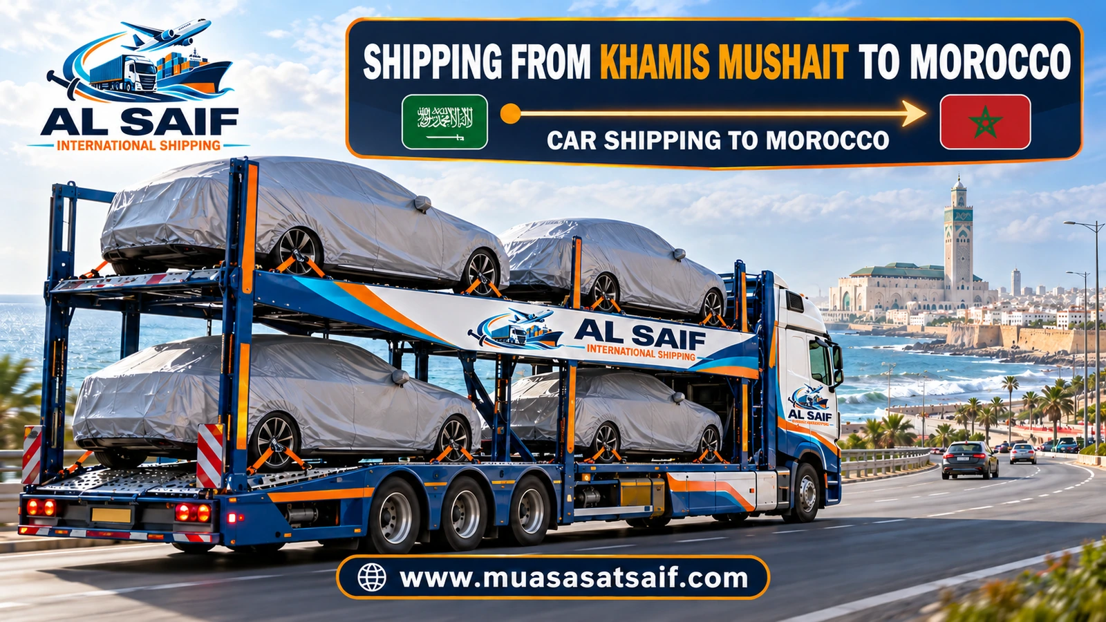 SUV secured inside a container at a loading yard before shipping from Khamis Mushait to Morocco — Al Saif