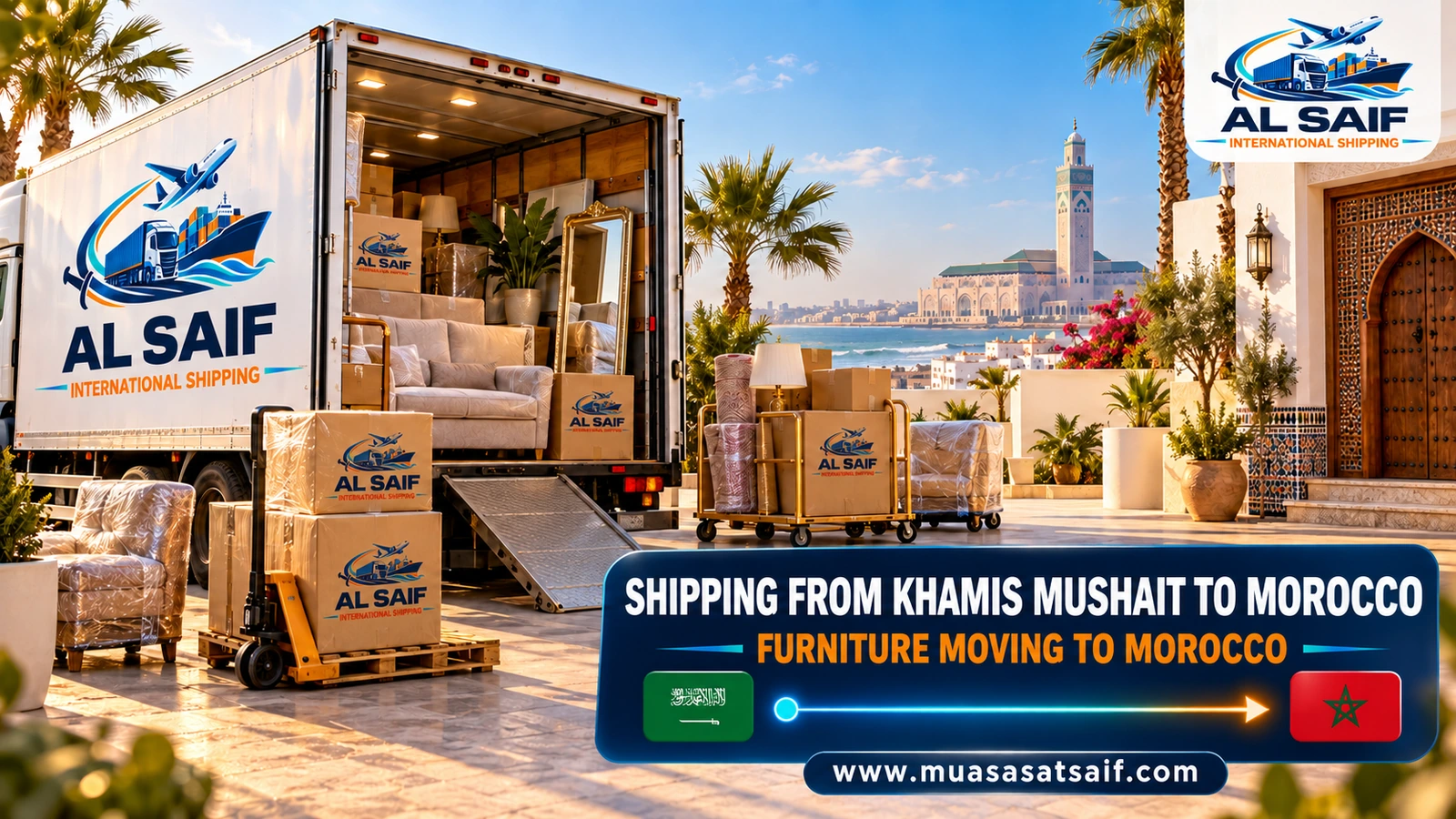 Loading furniture from Khamis Mushait into a container bound for Morocco — Al Saif