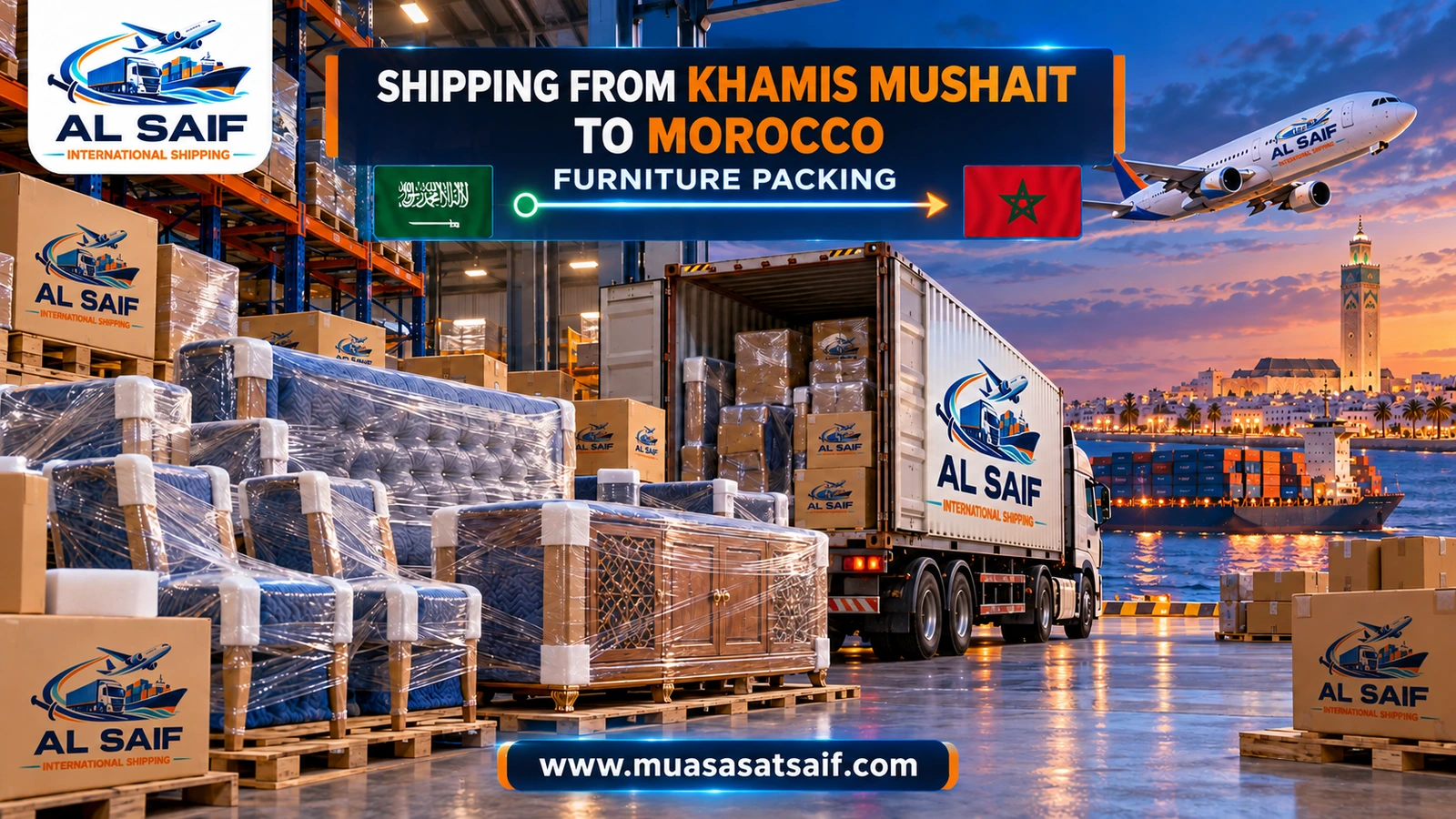 Wrapping household furniture in Khamis Mushait with moisture-proof layers before shipping to Morocco — Al Saif