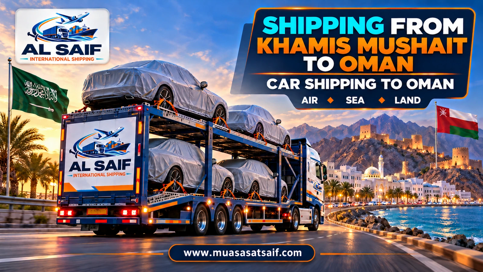 A covered car in a professional loading yard before shipping from Khamis Mushait to Oman — Al Saif