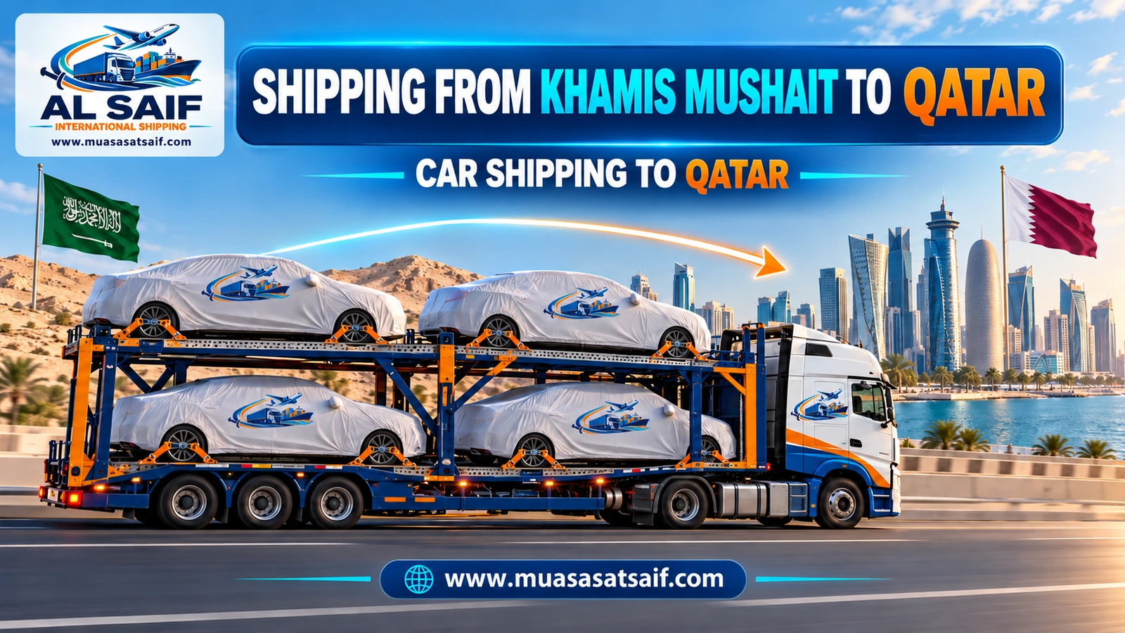 Covered car ready to ship from Khamis Mushait to Qatar — Al Saif