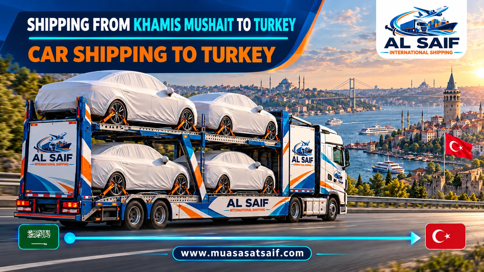 A covered car in a professional loading yard before shipping from Khamis Mushait to Turkey — Al Saif
