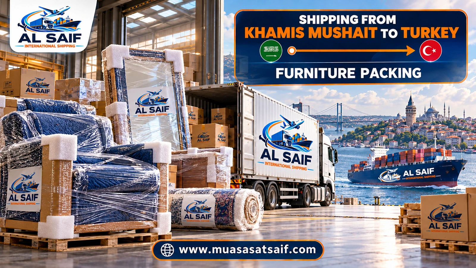 Packing household furniture in Khamis Mushait before shipping it to Turkey — Al Saif