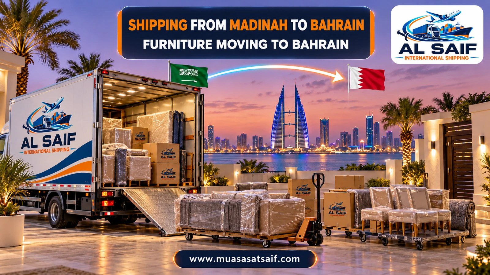 Loading furniture in Madinah onto a truck bound for Bahrain — Al Saif