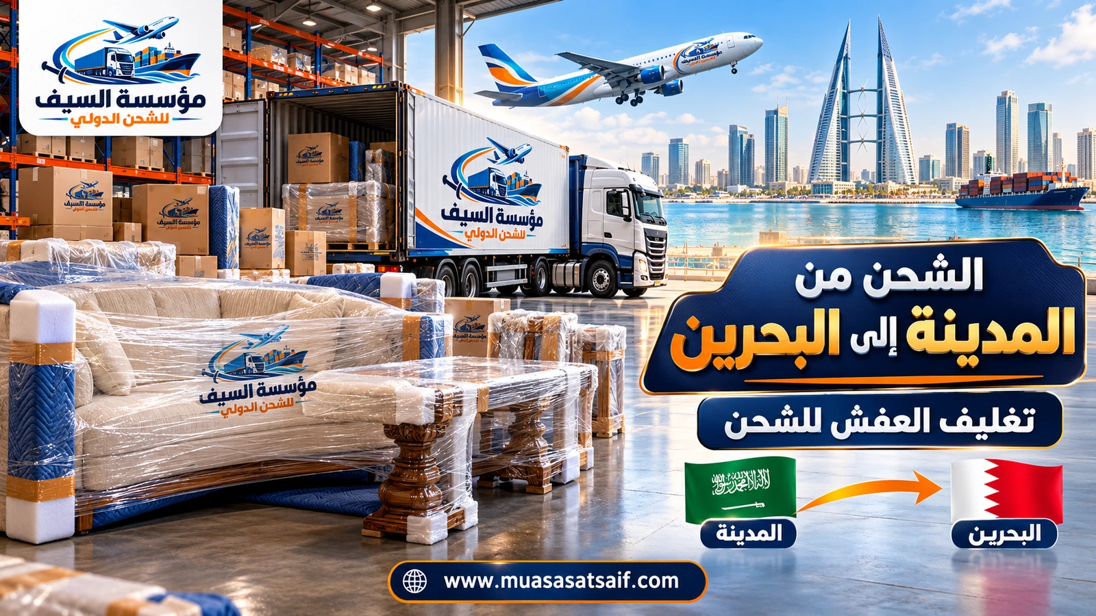 تغليف أثاث منزل في المدينة المنورة قبل نقله إلى البحرين — مؤسسة السيف