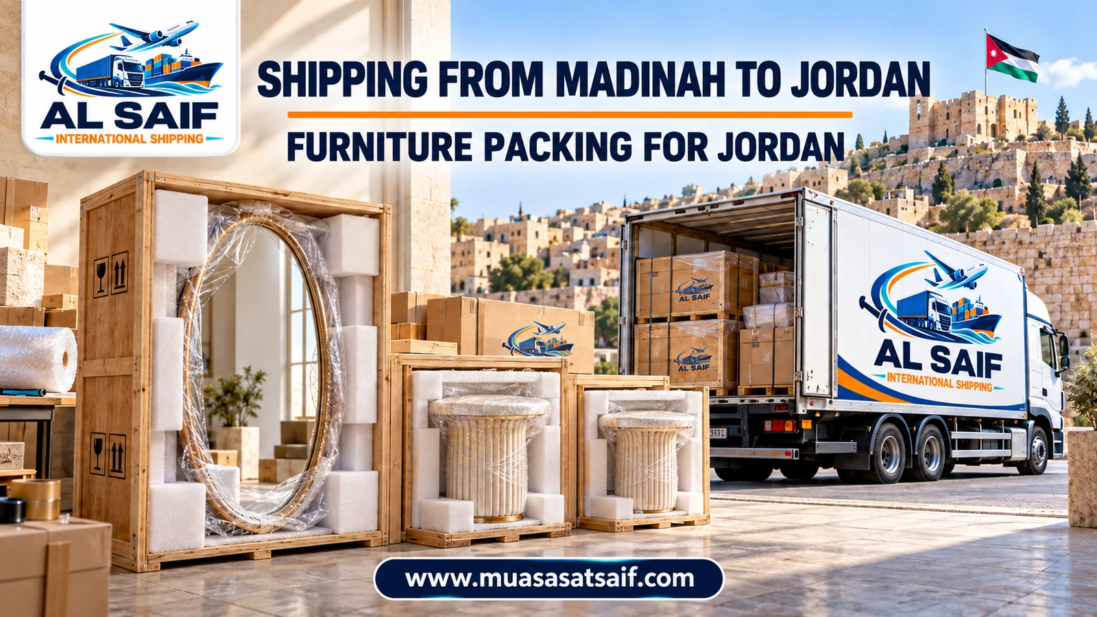 Packing household furniture in Madinah before moving it to Jordan — Al Saif