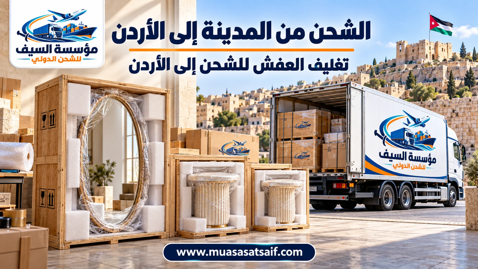 تغليف أثاث منزل في المدينة المنورة قبل نقله إلى الأردن — مؤسسة السيف