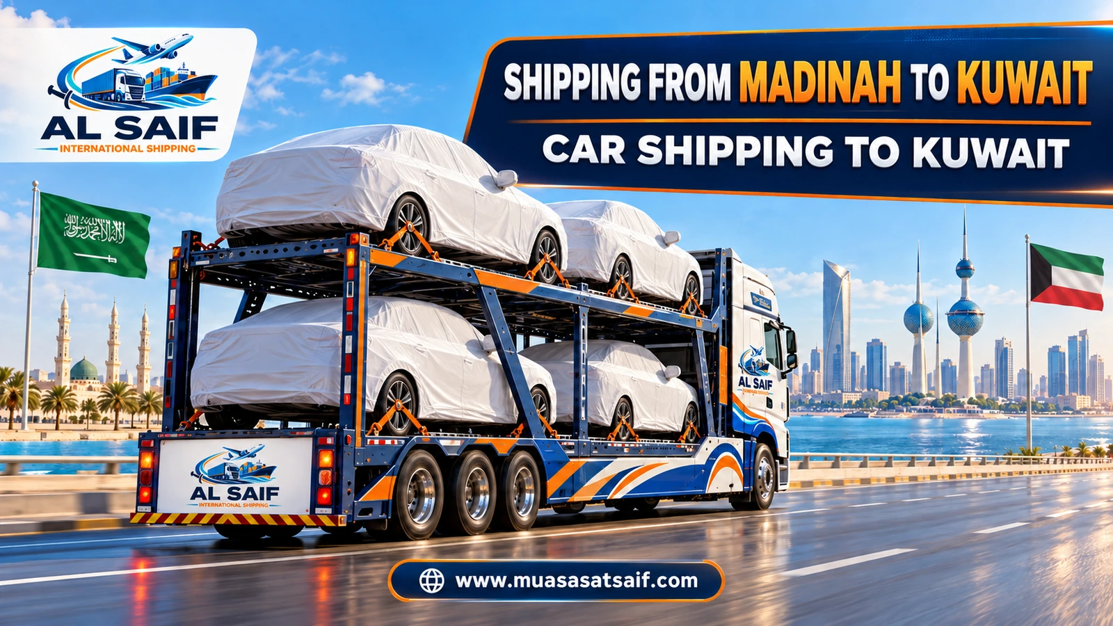 A covered car in a professional loading yard before shipping from Madinah to Kuwait — Al Saif