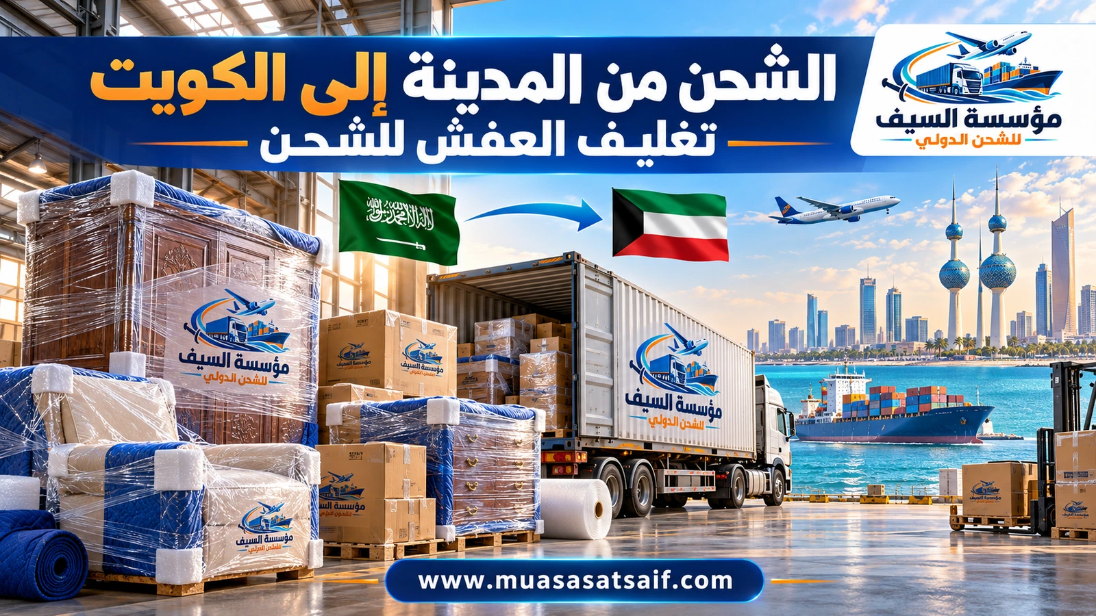 تغليف أثاث منزل في المدينة المنورة قبل شحنه إلى الكويت — مؤسسة السيف