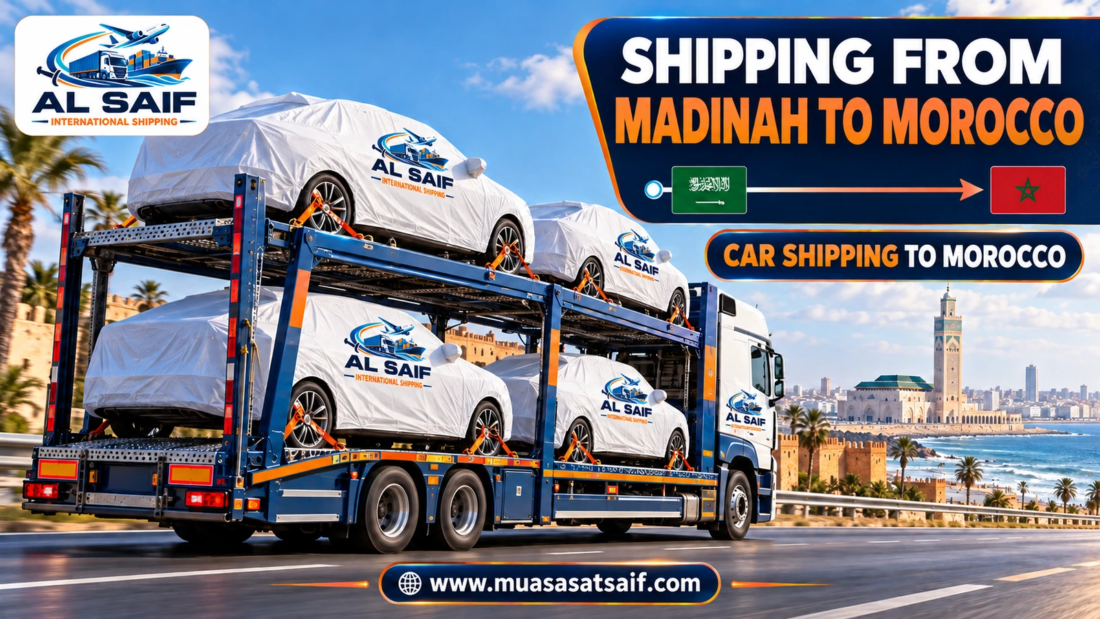 Car in a loading yard before shipping from Madinah to Morocco — Al Saif