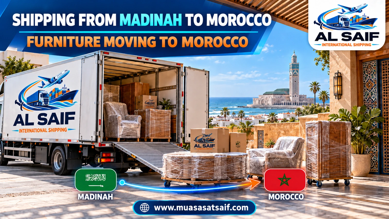 Loading furniture from Madinah into a container bound for Morocco — Al Saif