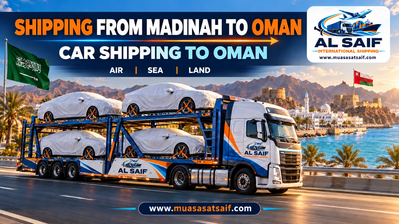 Covered car ready to ship from Madinah to Oman — Al Saif