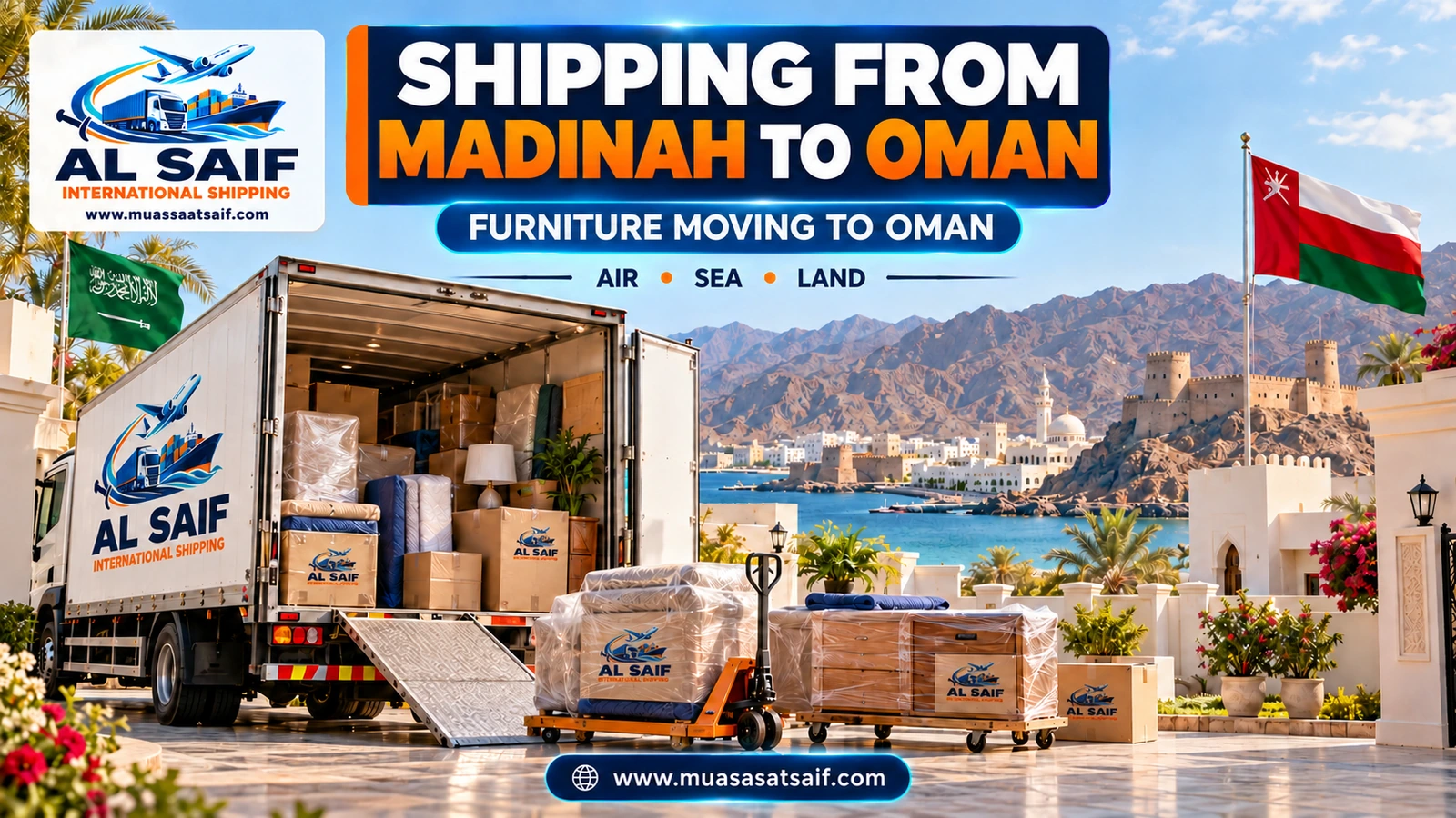 Loading household furniture in Madinah onto a truck bound for Muscat — Al Saif