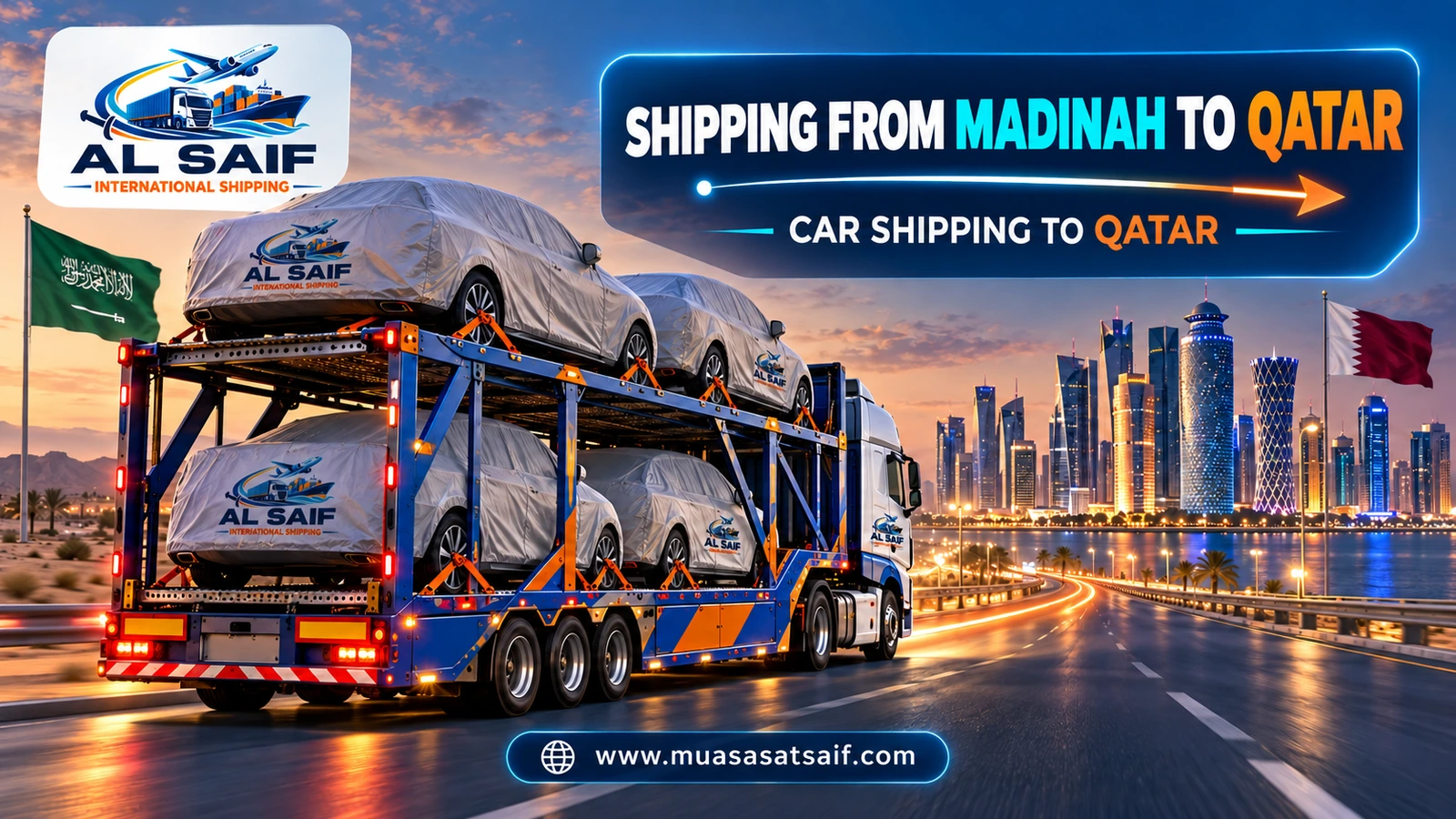 Covered car being shipped from Madinah to Qatar on a carrier — Al Saif
