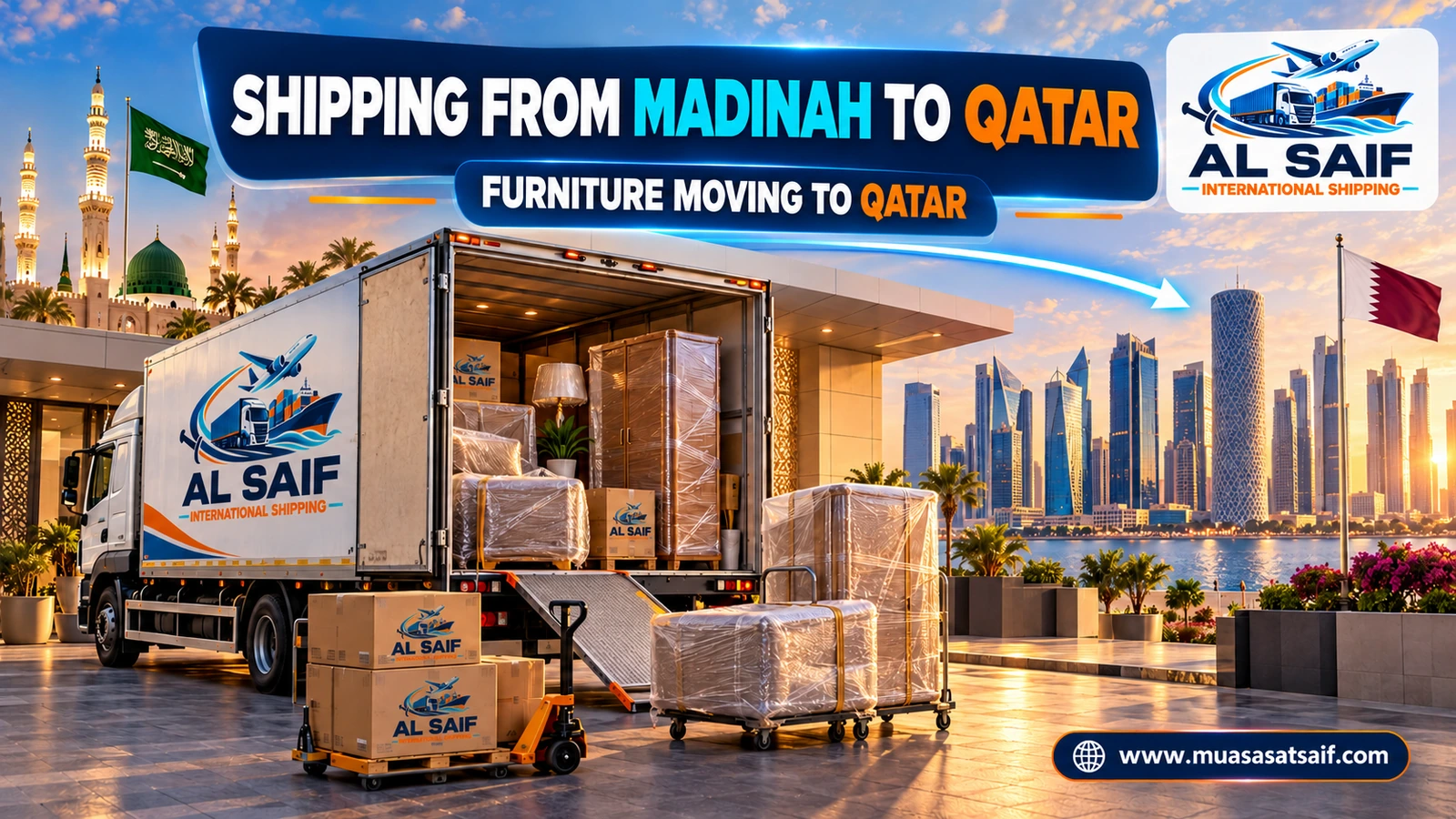 Loading household furniture in Madinah onto a truck bound for Qatar — Al Saif