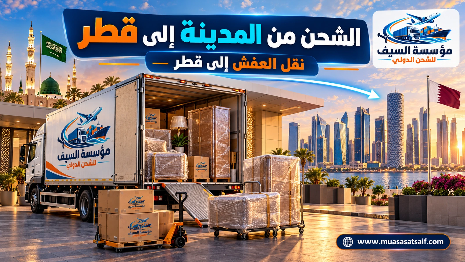 تحميل أثاث منزل من المدينة المنورة في شاحنة متجهة إلى قطر — مؤسسة السيف
