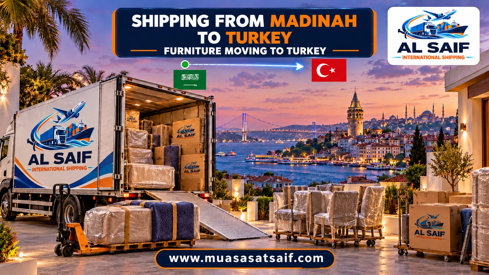 Loading household furniture from Madinah into a container bound for Turkey — Al Saif
