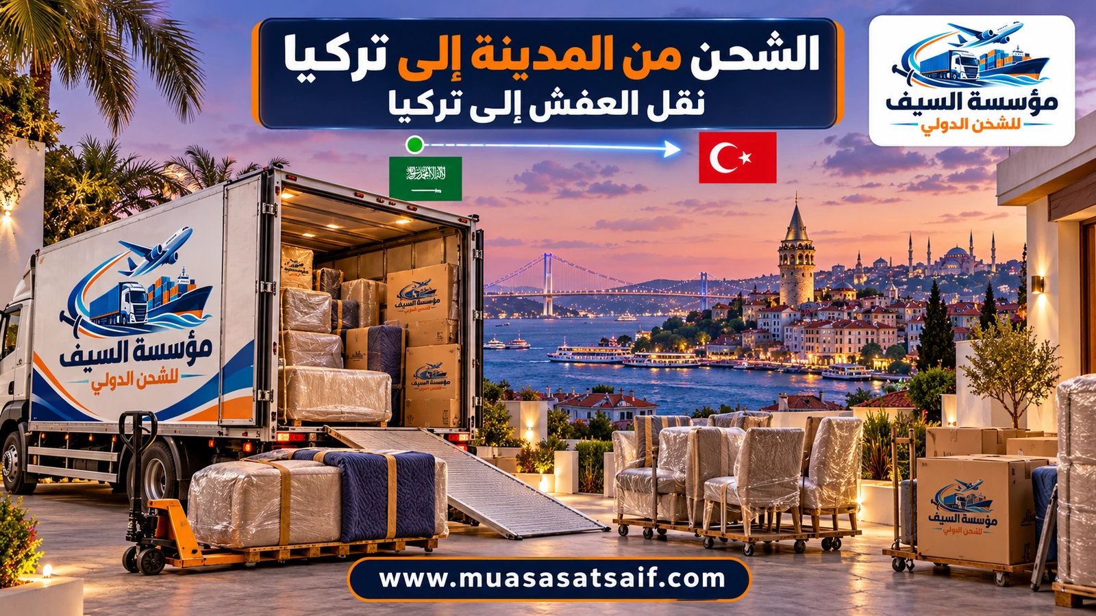 تحميل أثاث منزل من المدينة المنورة في حاوية متجهة إلى تركيا — مؤسسة السيف