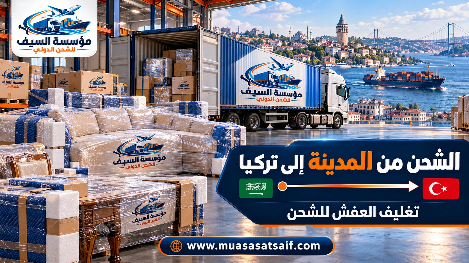 تغليف أثاث منزل في المدينة المنورة قبل شحنه إلى تركيا — مؤسسة السيف