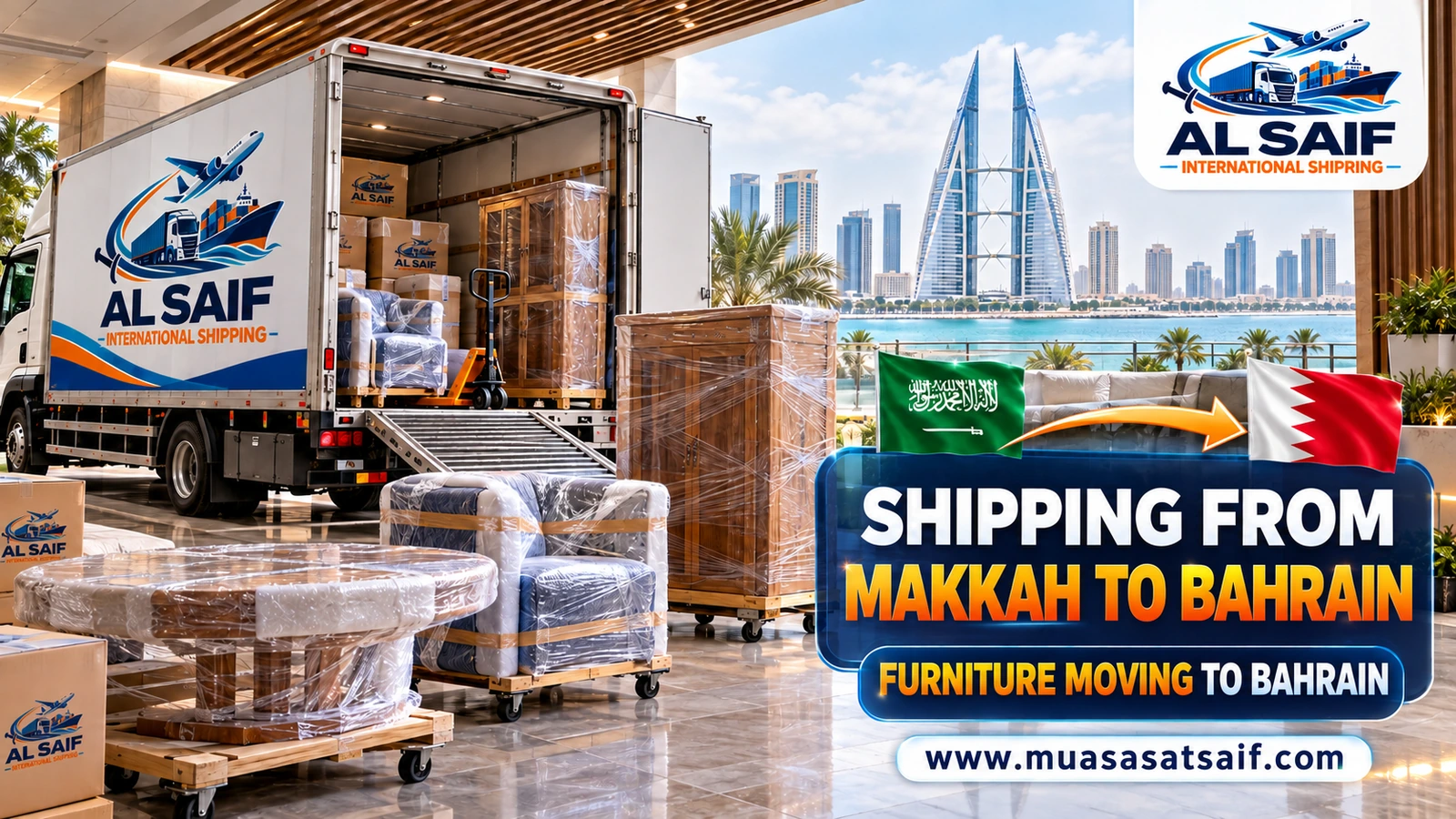 Loading furniture in Makkah onto a truck bound for Bahrain — Al Saif