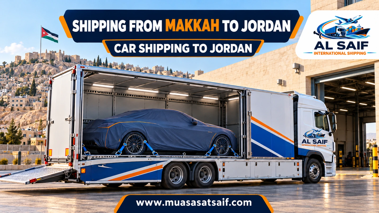 A covered car in a professional loading yard before shipping from Makkah to Jordan — Al Saif