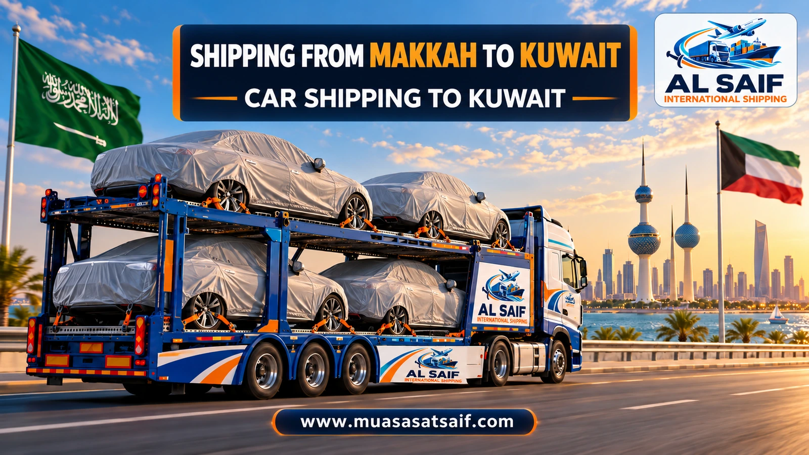 A covered car in a professional loading yard before shipping from Makkah to Kuwait — Al Saif