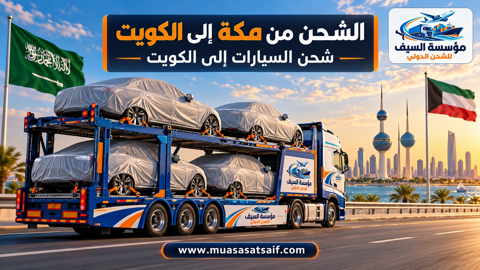سيارة مغطاة في ساحة تحميل احترافية قبل شحنها من مكة إلى الكويت — مؤسسة السيف