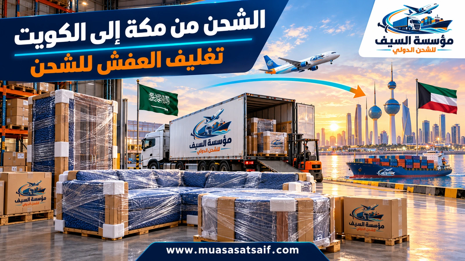 تغليف أثاث شقة في مكة قبل شحنه إلى الكويت — مؤسسة السيف