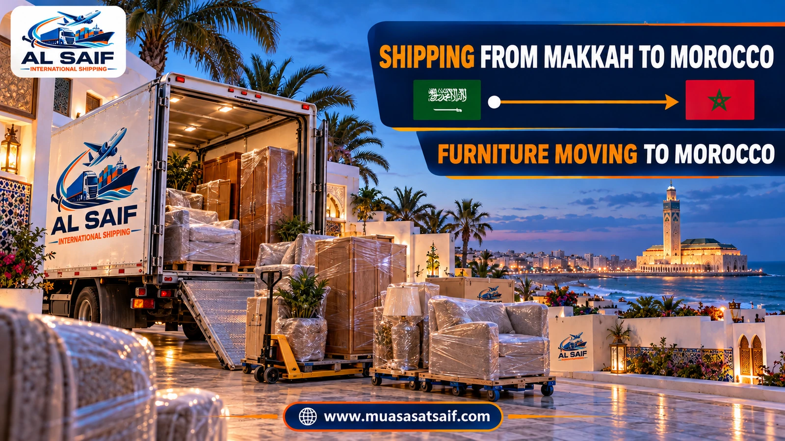 Loading furniture from Makkah into a container bound for Morocco — Al Saif