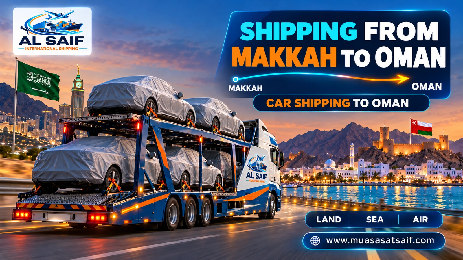 Covered car ready to ship from Makkah to Oman — Al Saif