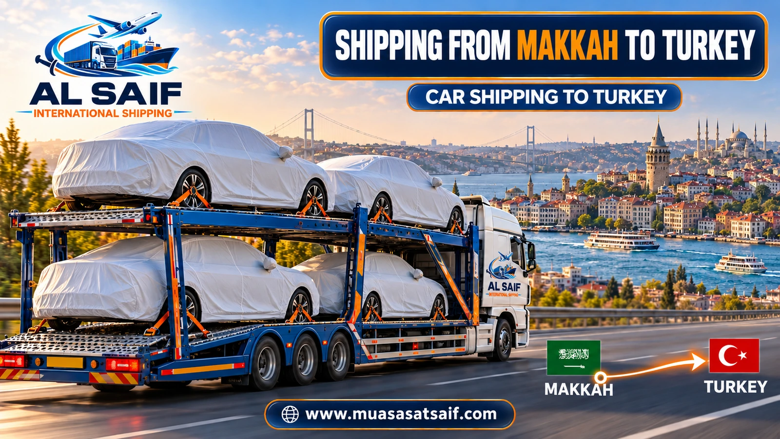 A car secured inside a container at a professional loading yard before shipping from Makkah to Turkey — Al Saif