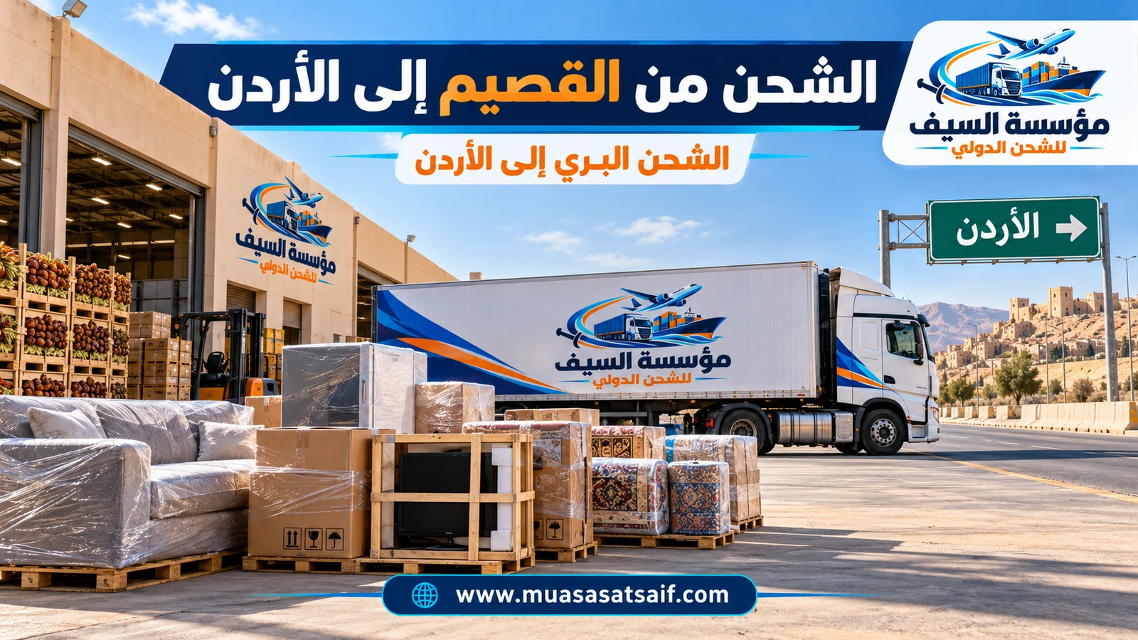 شركة شحن من القصيم الي الاردن | نقل أثاث منزلي وشحن سيارات إلى عمّان عبر منفذ الحديثة