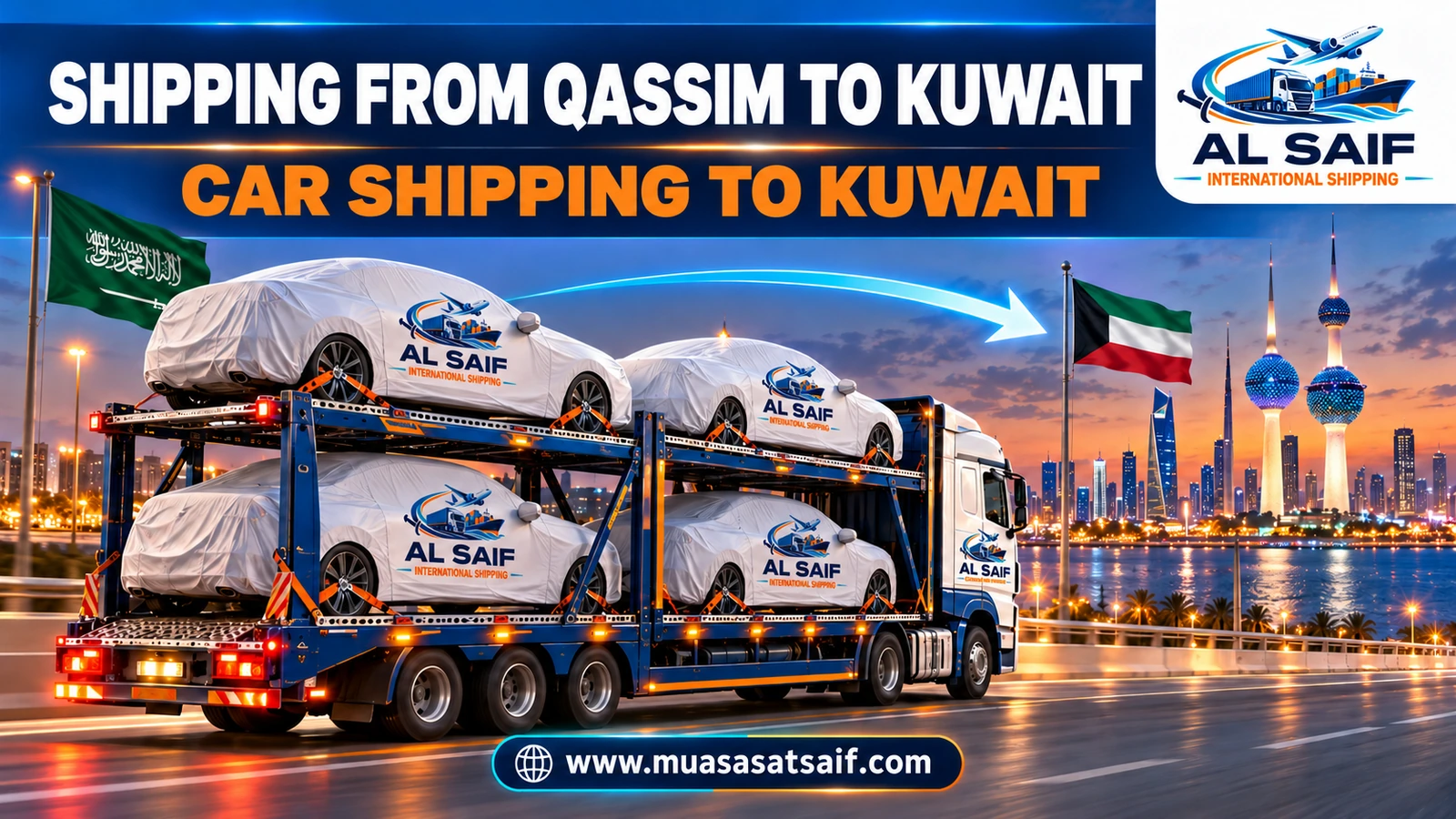 A covered car in a professional loading yard before shipping from Qassim to Kuwait — Al Saif