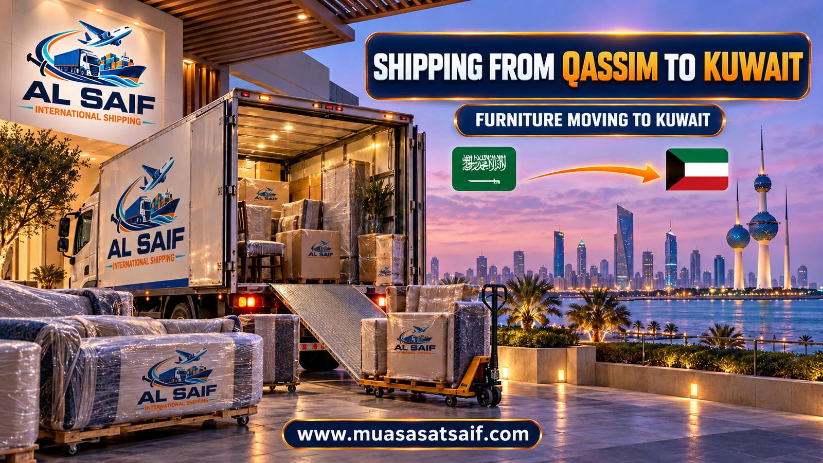 Loading furniture in Qassim onto a truck bound for Kuwait — Al Saif