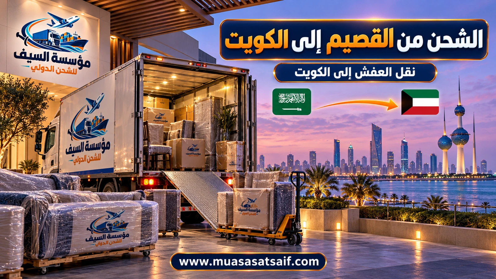 تحميل أثاث من القصيم على شاحنة متجهة إلى الكويت — مؤسسة السيف