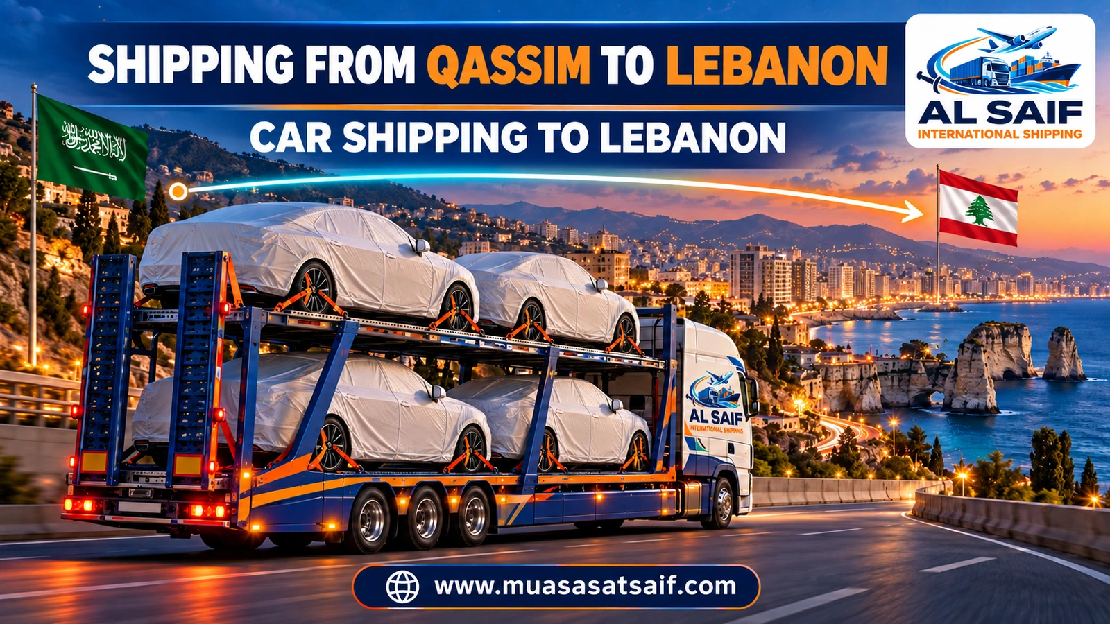 A covered car in a professional loading yard before shipping from Qassim to Lebanon — Al Saif