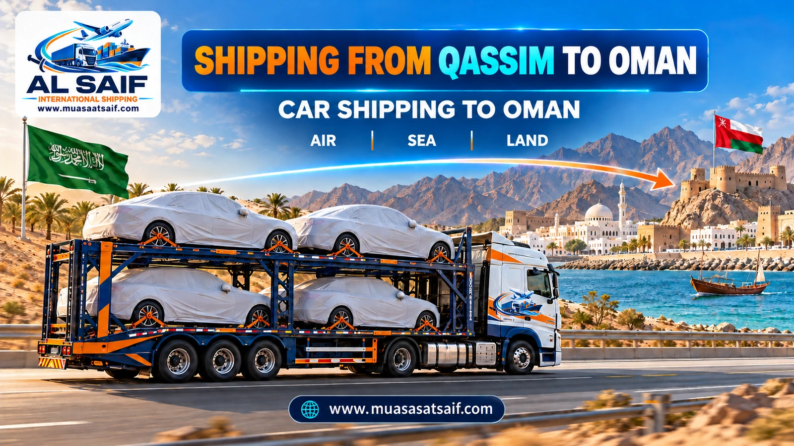 A covered car in a professional loading yard before shipping from Qassim to Oman — Al Saif