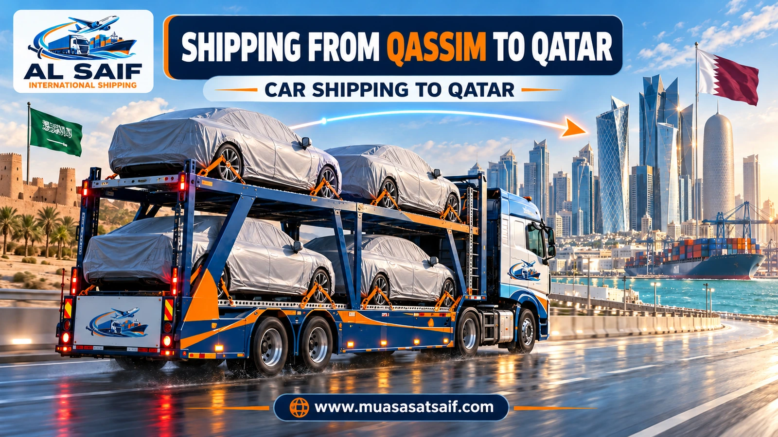 Covered car ready to ship from Qassim to Qatar — Al Saif