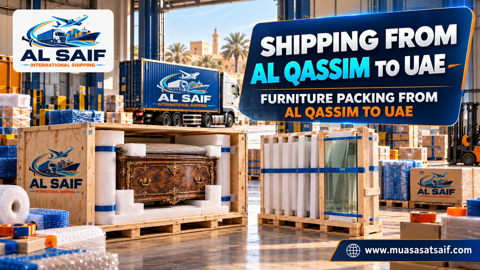 Packing furniture in Qassim before shipping to the UAE — Al Saif